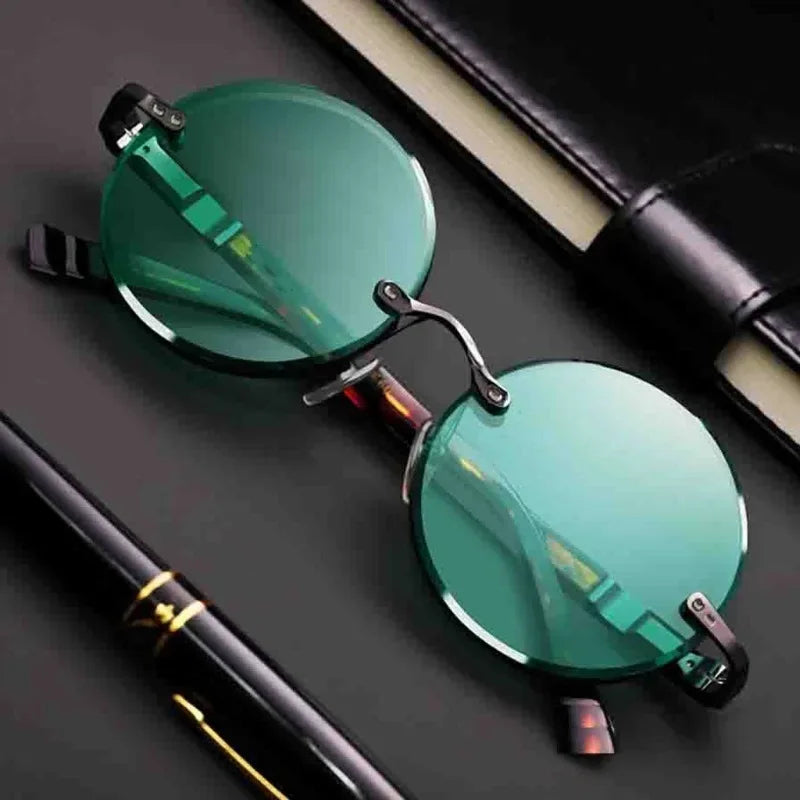 ‏"Classic Retro Rimless Sunglasses - Unisex Crystal Dark Green Lens for Outdoor Driving"