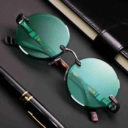 ‏"Classic Retro Rimless Sunglasses - Unisex Crystal Dark Green Lens for Outdoor Driving"