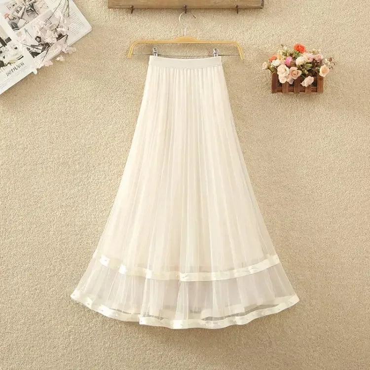 Simplicity Korean Summer Women's Solid Elastic Waist Embroidered Flares Gauze Pleated Fashion High Waist Mid-length A-line Skirt