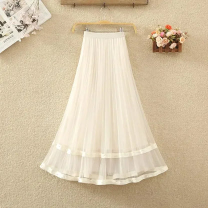 Simplicity Korean Summer Women's Solid Elastic Waist Embroidered Flares Gauze Pleated Fashion High Waist Mid-length A-line Skirt