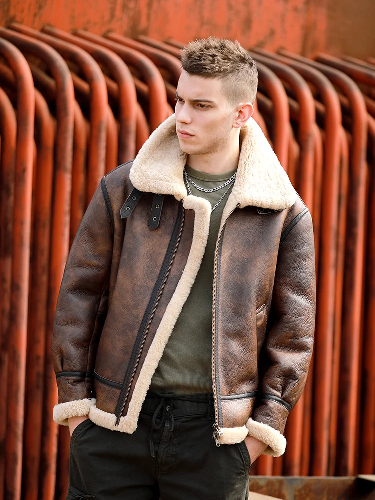 Herrar Vinterkappa i Äkta Läder - Naturlig Shearling Jacka för Motorcyklister och Piloter, Stora Storlekar upp till 7XL i Stilig Brun