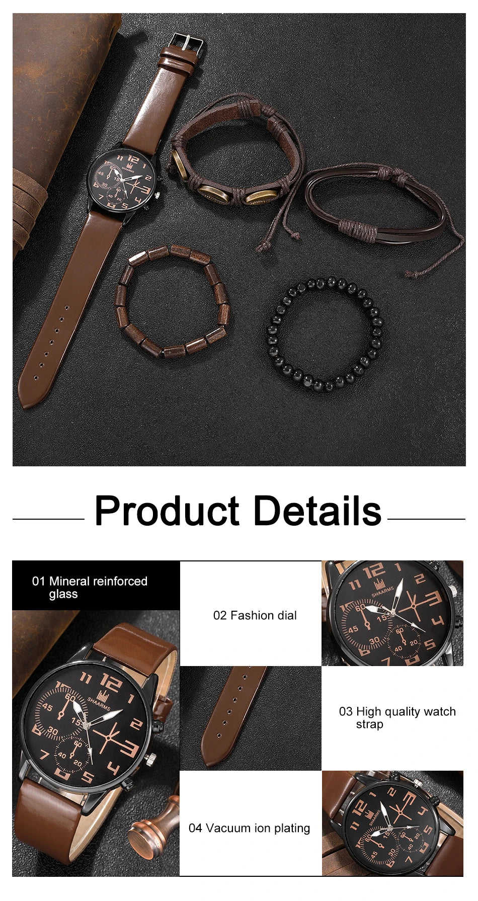5-delars Set Trendiga Herrarmbandsur - Retro Klocka med Stor Urskiva i Quartz för Casual Stil. Klassisk Brun Läderrem för Sport och Fritid.