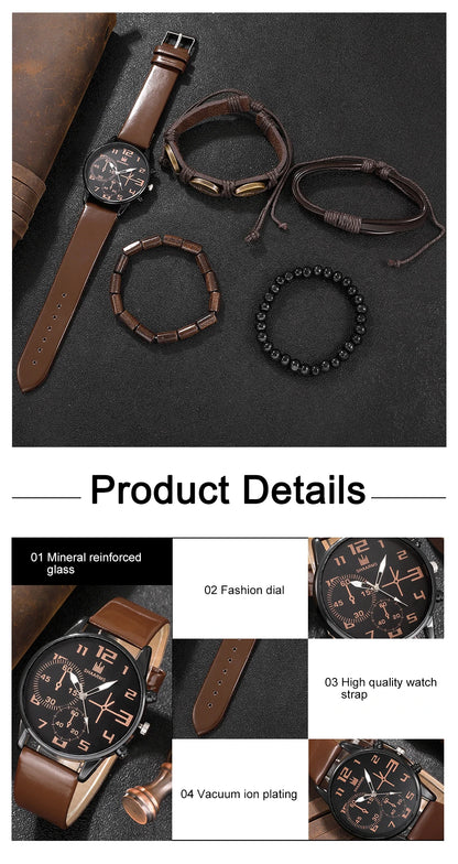 5-delars Set Trendiga Herrarmbandsur - Retro Klocka med Stor Urskiva i Quartz för Casual Stil. Klassisk Brun Läderrem för Sport och Fritid.