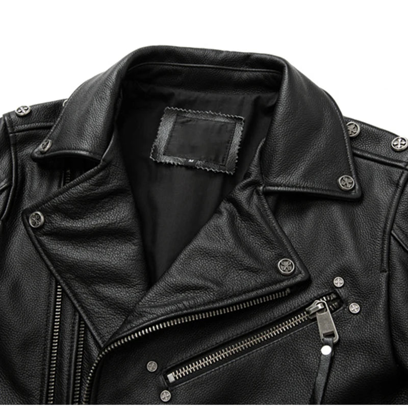 Herrarnas Äkta Läder Motorcykeljacka - Retro Moto Jacka i Första Lagret Kossinappa, Stora Storlekar för Stiliga Bikers