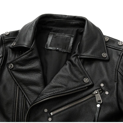 Herrarnas Äkta Läder Motorcykeljacka - Retro Moto Jacka i Första Lagret Kossinappa, Stora Storlekar för Stiliga Bikers