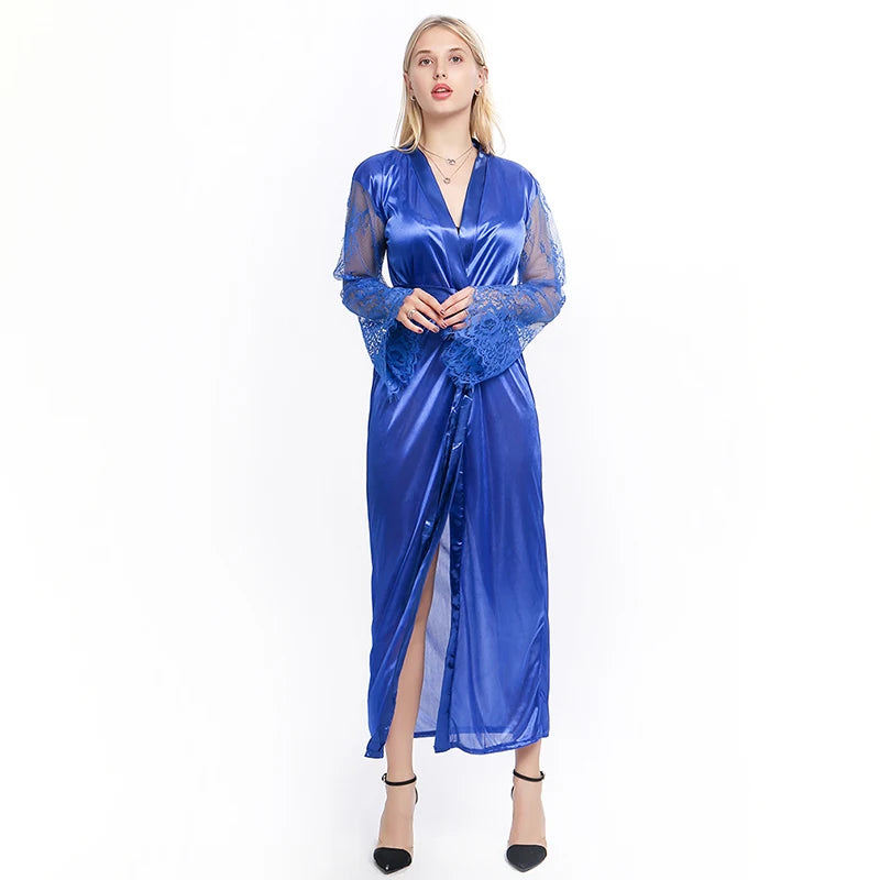 Elegant Women's Lace Lingerie Nightdress - Long Ice Silk Bath Robe in Solid Colors