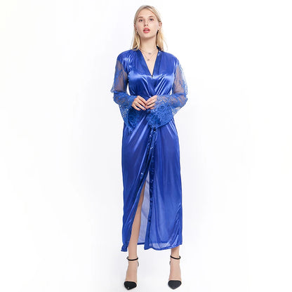 Elegant Women's Lace Lingerie Nightdress - Long Ice Silk Bath Robe in Solid Colors