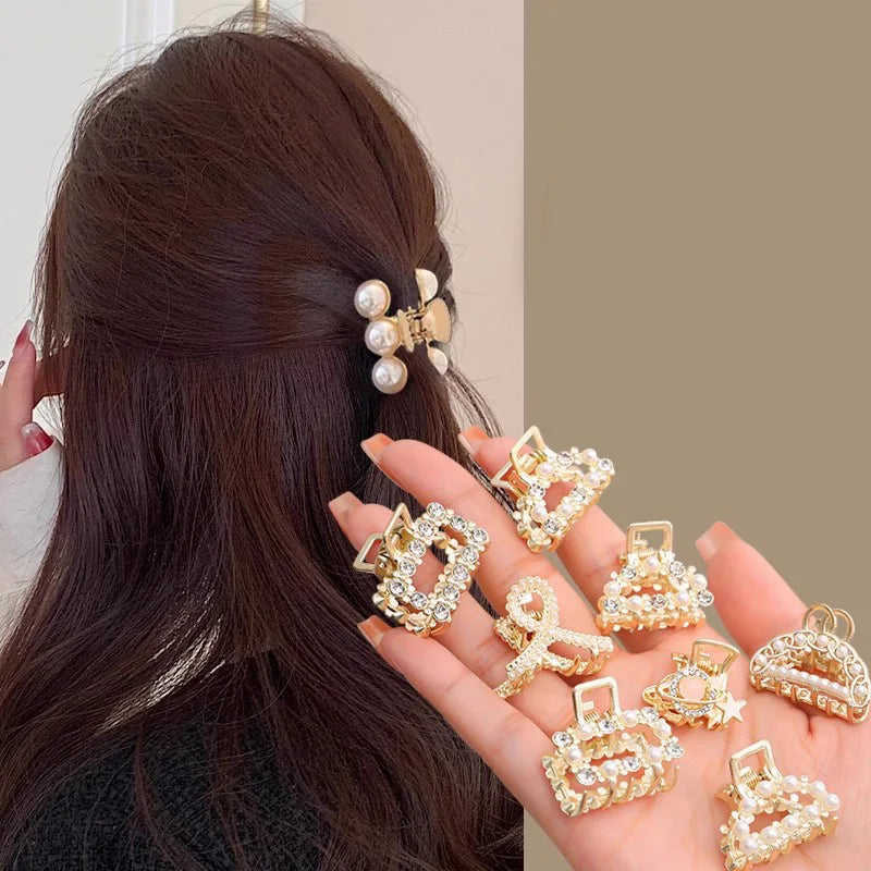 Söt Set med Rhinestonepärlor - Geometriska Metallhårklor för Kvinnor och Flickor - Mini Hårspännen och Accessoarer