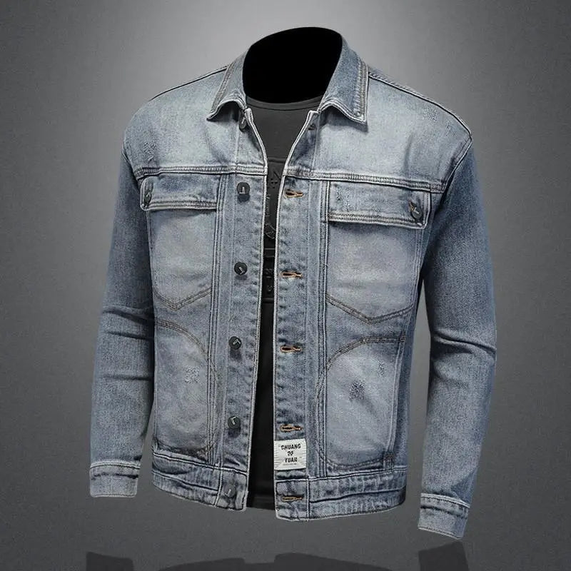 Retro Klassisk Jeansjacka för Män - Löst Passform och Avslappnad Med Fickor - Mångsidig Kragejacka för Hög Gata och Motorcykel