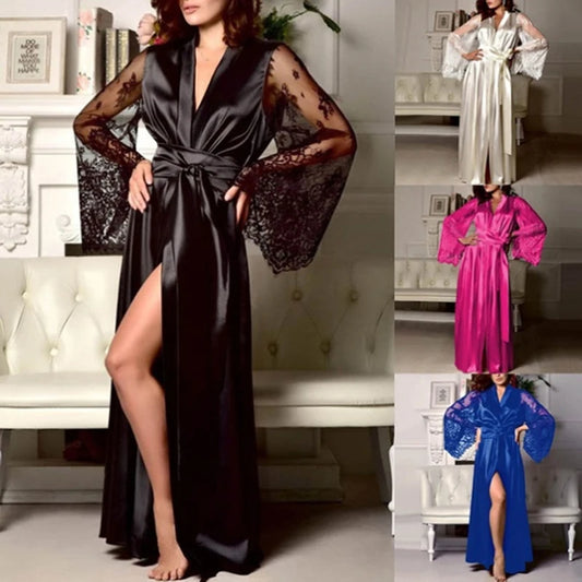 Elegant Women's Lace Lingerie Nightdress - Long Ice Silk Bath Robe in Solid Colors