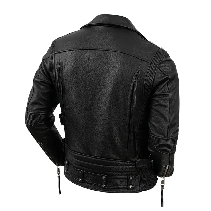 Herrarnas Äkta Läder Motorcykeljacka - Retro Moto Jacka i Första Lagret Kossinappa, Stora Storlekar för Stiliga Bikers