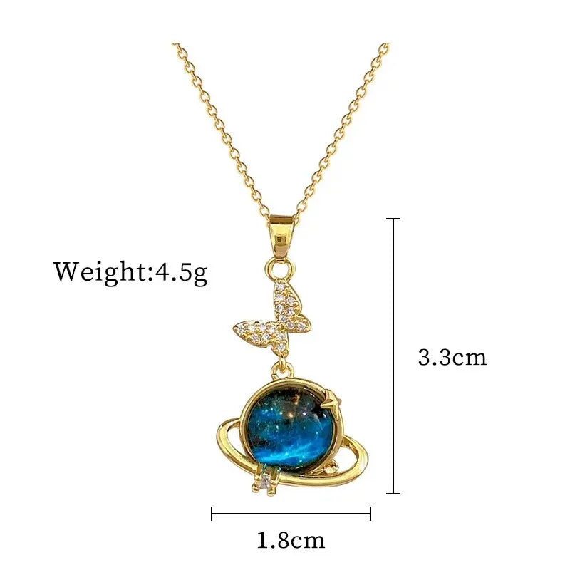 Lätt Lyxig Titanium Stål Stjärnserie Halsband för Kvinnor - Guldfärgad Planet, Måne och Astronaut Pärl-Halsband. Perfekta Smycken för Gåvor!