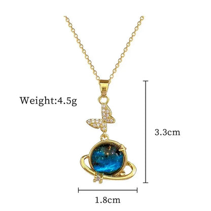 Lätt Lyxig Titanium Stål Stjärnserie Halsband för Kvinnor - Guldfärgad Planet, Måne och Astronaut Pärl-Halsband. Perfekta Smycken för Gåvor!
