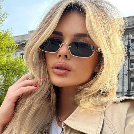 2025 NEW Small Square Women's Sunglasses Metal Half Frame Sun Glasses Vintage Shades Trendy Narrow Hip Hop Eyewear Women