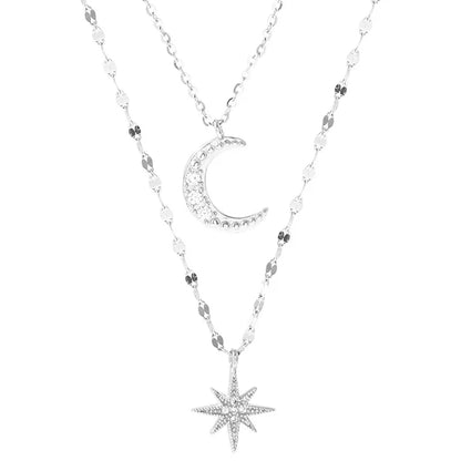 New Fashion Silver Color Double Layer Star Moon Necklace for Women Charm Delicate Zircon Stainless Steel Choker Chain Jewelry