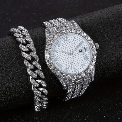 2 pieces/set of luxury men's hip-hop watches, adorned with sparkling artificial diamonds and Cuban chain bracelets