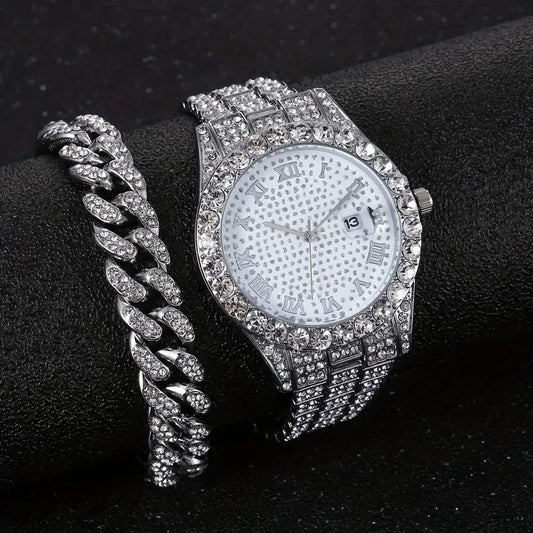2 pieces/set of luxury men's hip-hop watches, adorned with sparkling artificial diamonds and Cuban chain bracelets