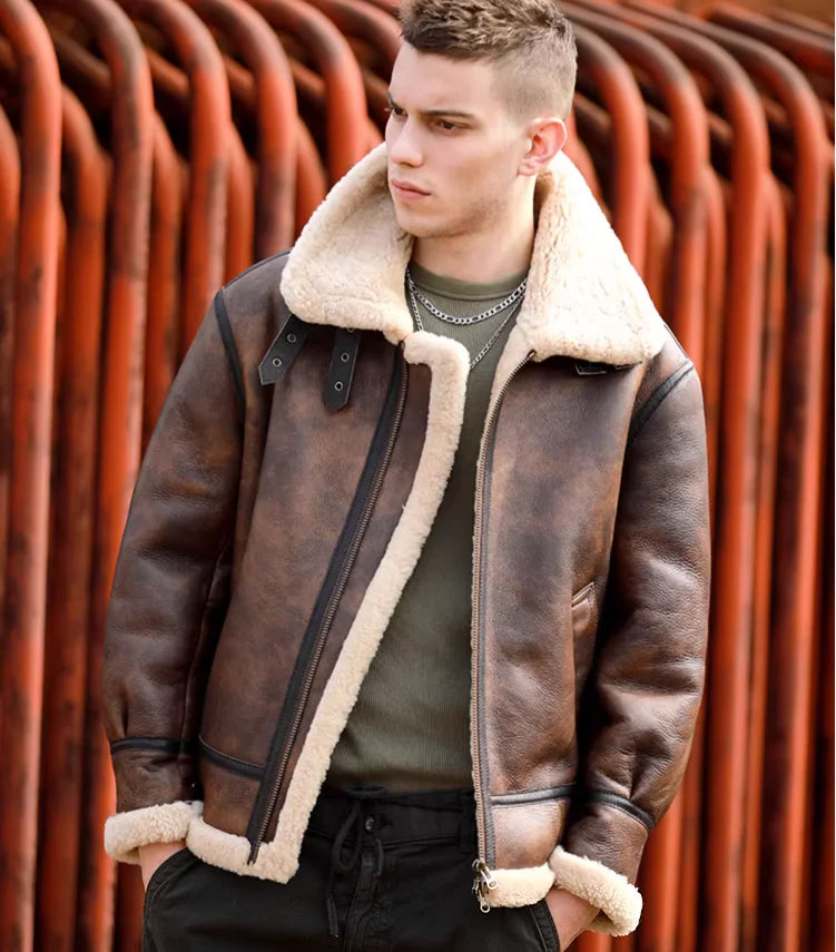 Herrar Vinterkappa i Äkta Läder - Naturlig Shearling Jacka för Motorcyklister och Piloter, Stora Storlekar upp till 7XL i Stilig Brun
