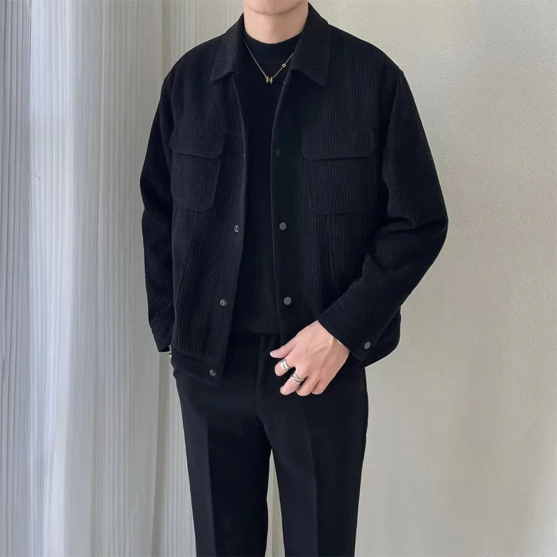 Korean 2024 Men's Boyfriend New Patchwork Turn-down Collar Button Pocket Fashion Solid Color Loose Casual Long Sleeve Jackets