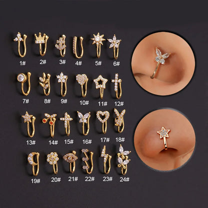 Falsk Piercing Clip Nässmycke - Trendigt Kroppssmycke för Kvinnor - 1 Styck Örclip med Hjärtan, Stjärnor, Blommor och Fjärilar