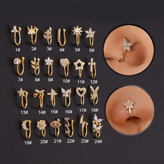 Falsk Piercing Clip Nässmycke - Trendigt Kroppssmycke för Kvinnor - 1 Styck Örclip med Hjärtan, Stjärnor, Blommor och Fjärilar