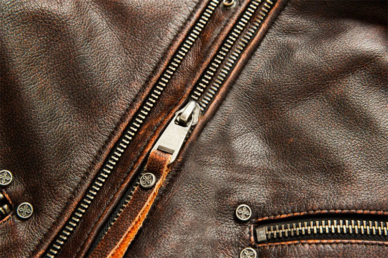 Herrarnas Äkta Läder Motorcykeljacka - Retro Moto Jacka i Första Lagret Kossinappa, Stora Storlekar för Stiliga Bikers