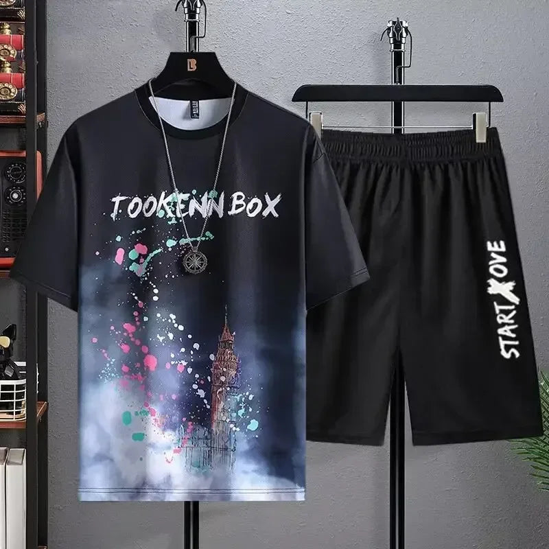 Sommar Snabbtorkande Herr Set - Trendiga Träningsdräkter med Kortärmad 3D-tryckt Sportt-shirt och Shorts. Bekväm Basket Set för Aktiv Livsstil.
