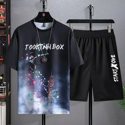 Sommar Snabbtorkande Herr Set - Trendiga Träningsdräkter med Kortärmad 3D-tryckt Sportt-shirt och Shorts. Bekväm Basket Set för Aktiv Livsstil.