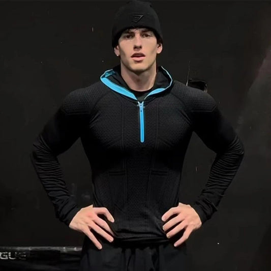 Mäns Snabbtorkande Andningsbar Slim Fit Elastisk Huva Zip T-shirt med Långa Ärmar för Fitness och Sport