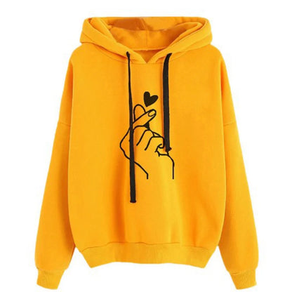 Höst Fleece Hoodie med Fingerhjärta - Enfärgad Koreansk Mode Sweatshirt med Lång Ärmar och Rymliga Fickor