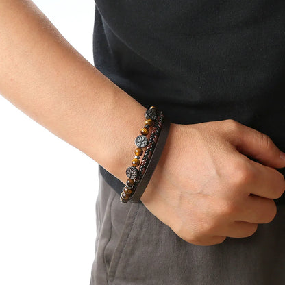 Trendigt Flätat Läderarmband för Män med Tigereye-Kulor - Mångskikts Hantverk för Stiliga Herrar - Perfekt Smycke för Gåvor 2025