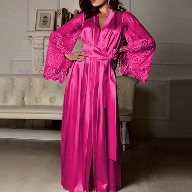 Elegant Women's Lace Lingerie Nightdress - Long Ice Silk Bath Robe in Solid Colors
