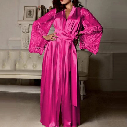 Elegant Women's Lace Lingerie Nightdress - Long Ice Silk Bath Robe in Solid Colors