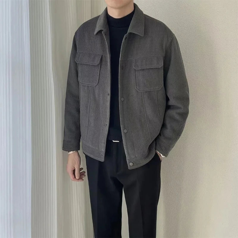 Korean 2024 Men's Boyfriend New Patchwork Turn-down Collar Button Pocket Fashion Solid Color Loose Casual Long Sleeve Jackets