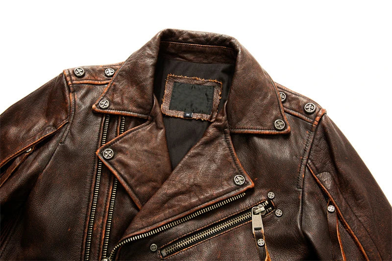 Herrarnas Äkta Läder Motorcykeljacka - Retro Moto Jacka i Första Lagret Kossinappa, Stora Storlekar för Stiliga Bikers