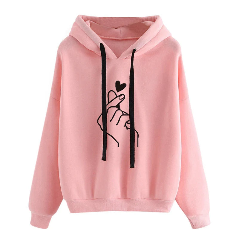 Höst Fleece Hoodie med Fingerhjärta - Enfärgad Koreansk Mode Sweatshirt med Lång Ärmar och Rymliga Fickor