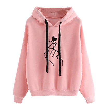 Höst Fleece Hoodie med Fingerhjärta - Enfärgad Koreansk Mode Sweatshirt med Lång Ärmar och Rymliga Fickor