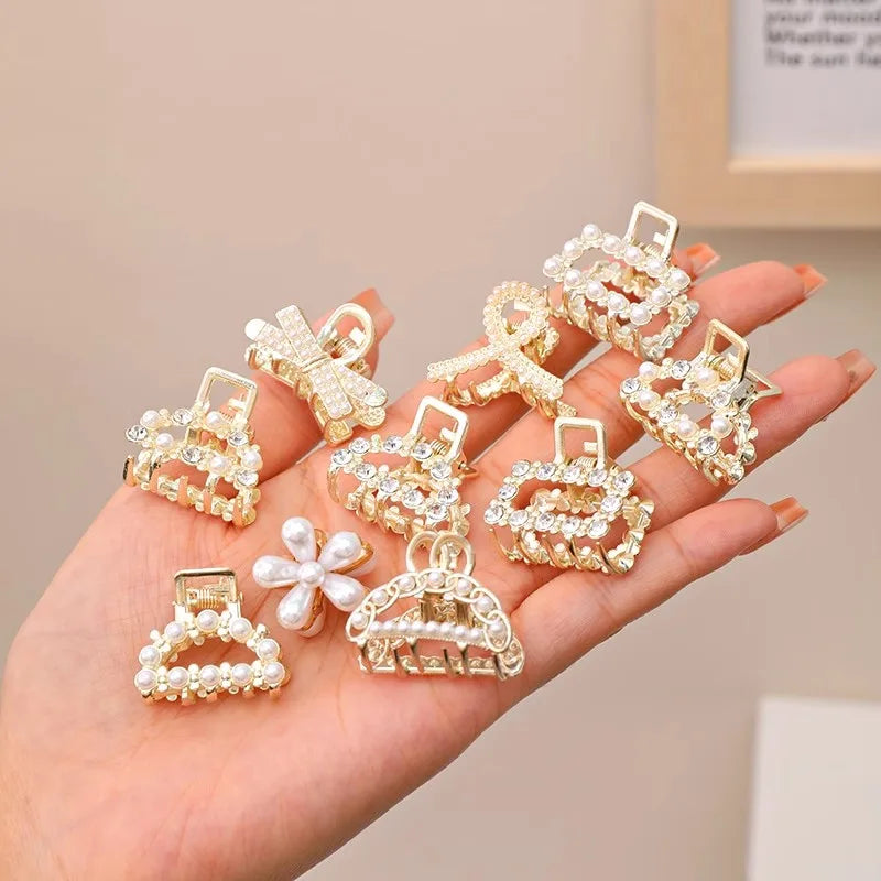 Söt Set med Rhinestonepärlor - Geometriska Metallhårklor för Kvinnor och Flickor - Mini Hårspännen och Accessoarer