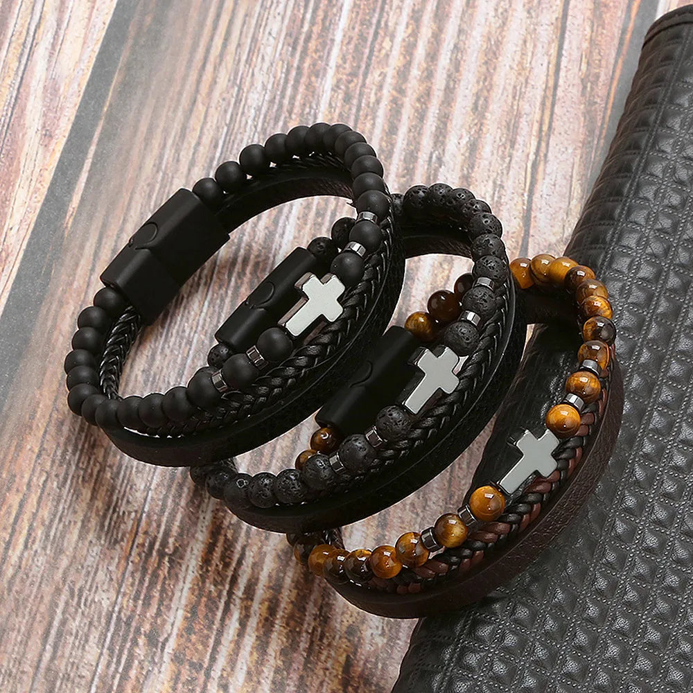 Trendigt Flätat Läderarmband för Män med Tigereye-Kulor - Mångskikts Hantverk för Stiliga Herrar - Perfekt Smycke för Gåvor 2025