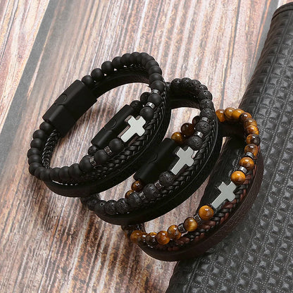 Trendigt Flätat Läderarmband för Män med Tigereye-Kulor - Mångskikts Hantverk för Stiliga Herrar - Perfekt Smycke för Gåvor 2025
