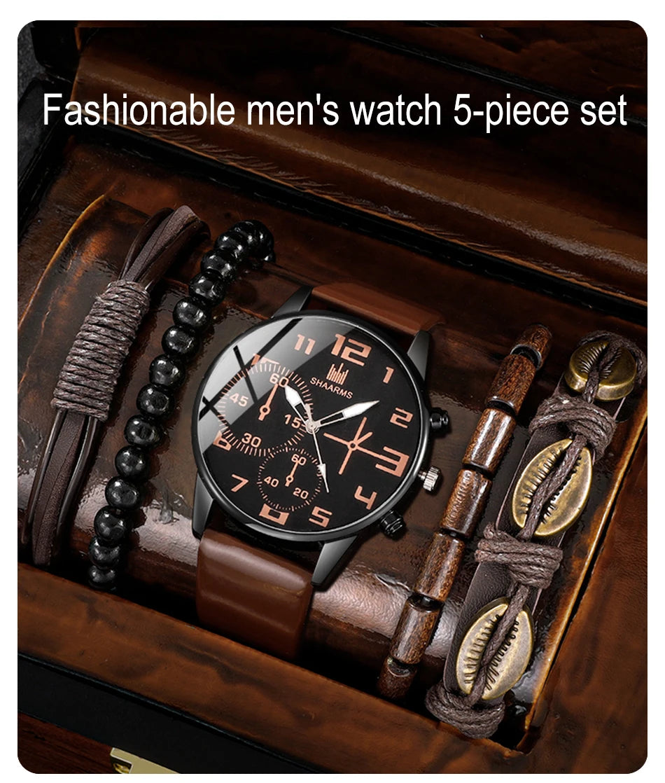 5-delars Set Trendiga Herrarmbandsur - Retro Klocka med Stor Urskiva i Quartz för Casual Stil. Klassisk Brun Läderrem för Sport och Fritid.