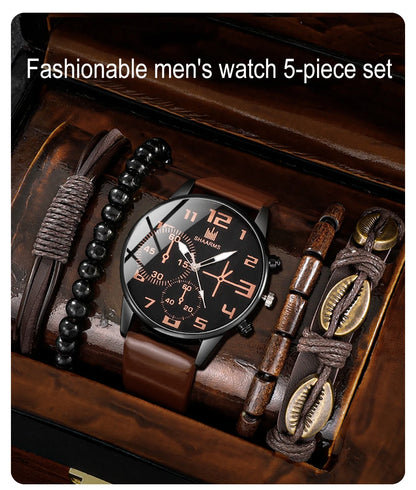 5-delars Set Trendiga Herrarmbandsur - Retro Klocka med Stor Urskiva i Quartz för Casual Stil. Klassisk Brun Läderrem för Sport och Fritid.