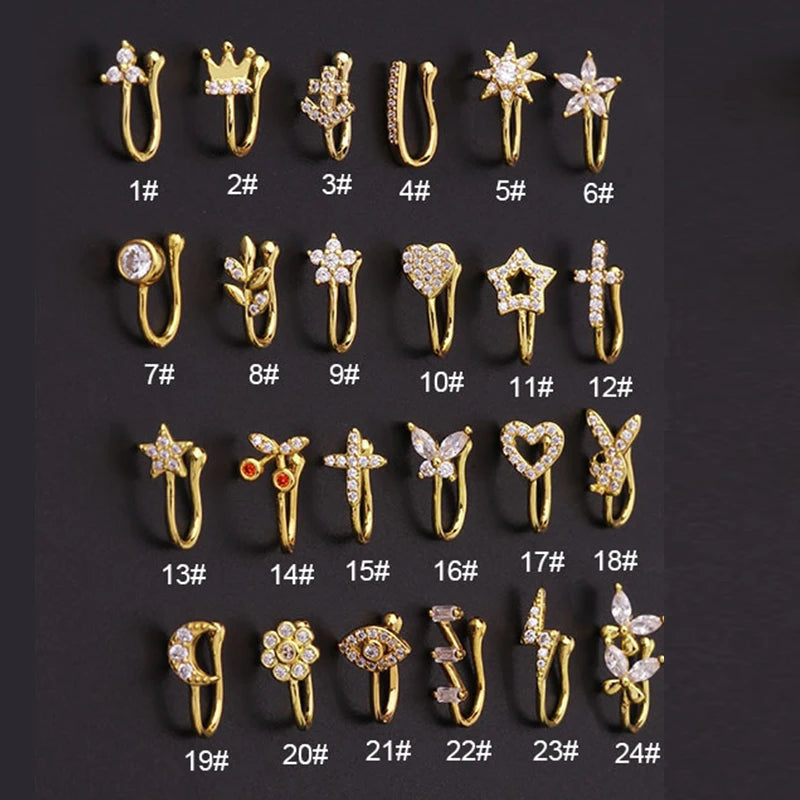 Falsk Piercing Clip Nässmycke - Trendigt Kroppssmycke för Kvinnor - 1 Styck Örclip med Hjärtan, Stjärnor, Blommor och Fjärilar