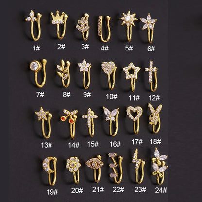 Falsk Piercing Clip Nässmycke - Trendigt Kroppssmycke för Kvinnor - 1 Styck Örclip med Hjärtan, Stjärnor, Blommor och Fjärilar