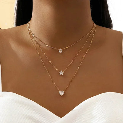 New Fashion Silver Color Double Layer Star Moon Necklace for Women Charm Delicate Zircon Stainless Steel Choker Chain Jewelry