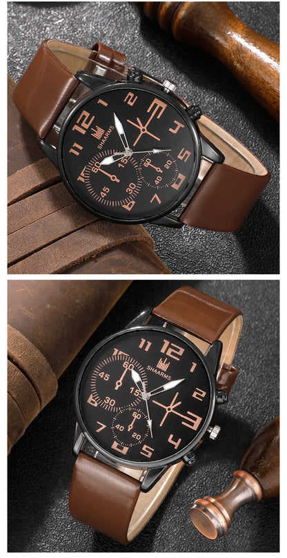 5-delars Set Trendiga Herrarmbandsur - Retro Klocka med Stor Urskiva i Quartz för Casual Stil. Klassisk Brun Läderrem för Sport och Fritid.