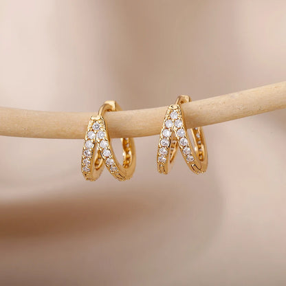 Söta Zirconia Hängande Örhängen för Kvinnor och Flickor - Elegant Hoop i Rostfritt Stål med Guldton för Bröllop och Fester 2025