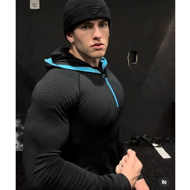 Mäns Snabbtorkande Andningsbar Slim Fit Elastisk Huva Zip T-shirt med Långa Ärmar för Fitness och Sport