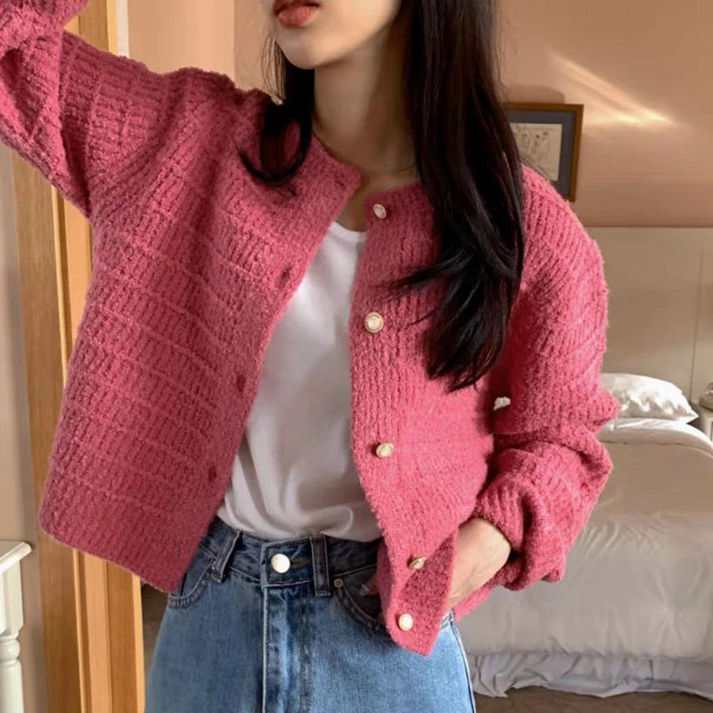 Fashion Long Sleeve Knitted Cardigan Jacket for Women Spring Autumn Elegant Korean O Neck Casual Sweater Loose Retro Short Coats