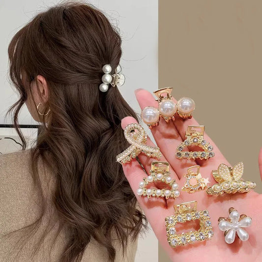 Söt Set med Rhinestonepärlor - Geometriska Metallhårklor för Kvinnor och Flickor - Mini Hårspännen och Accessoarer